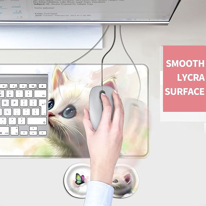 Mouse PadLarge Desk Mat Set 4in1 XL Mousepad + Keyboard Wrist Rest+Mouse Wrist Rest+Coaster with Ergonomic Desk Pad for Home Office Table Computer Cover -Kitten and Colorful Butterfly