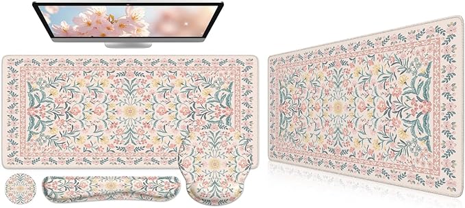 iCasso Desk Mat Large Mouse Pad Wrist Support Set XXL Large Mousepad + Keyboard Wrist Rest+Mouse Wrist Rest+Coastert with Ergonomic Design for Home Office Computer
