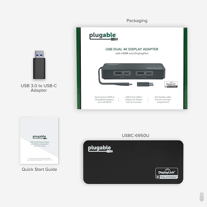 Plugable 4K DisplayPort and HDMI Dual Monitor Adapter for USB 3.0 and USB-C Compatible with Windows