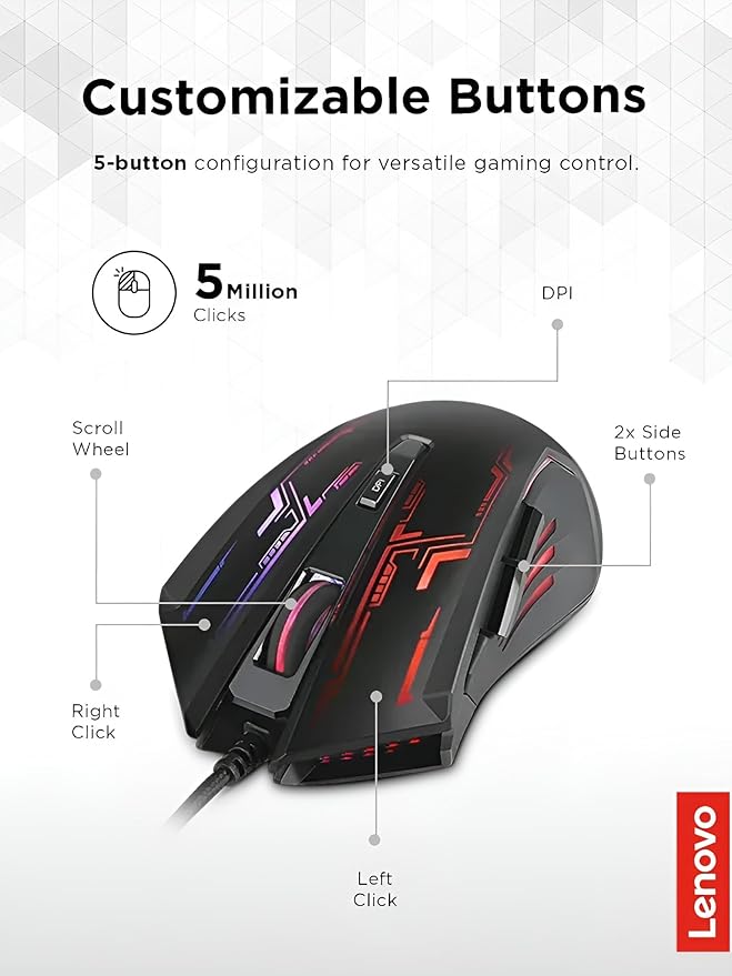 Lenovo Legion M200 RGB Gaming Mouse5-button designup to 2400 DPI with 4 levels DPI switch7-color circulating-backlightbraided cablecomfort for playingeasy to set-upGX30P93886Black
