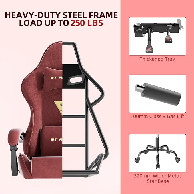Ferghana Velvet Fabric Ergonomic Gaming Chair with Footrest and Massage Reclining Computer Gamer Chair for Adult and Teens Racing Style PC Home Office Video Game Chair (Red)