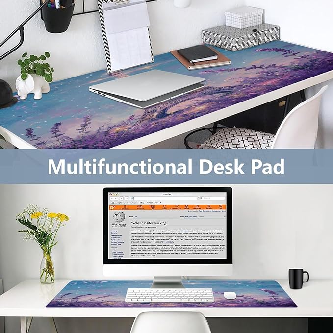 Mouse Pad Desk Mat Leather Desk Pad Large Gaming Desk Cover Protector Mat for Keyboard Computer Laptop Office Waterproof 35.4 x 16.5 Inch Lavender Eiffel Tower Purple