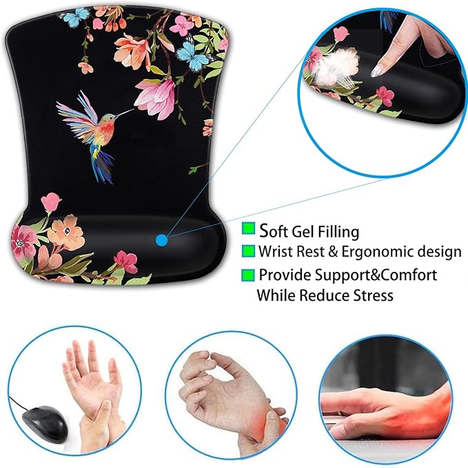 Ergonomic Mouse Pad with Gel Wrist Rest Support Gaming Mouse Pad with Cloth Non-Slip PU Base for Computer Home Office Memory Foam Keyboard Wrist Rest Support Hummingbird Watercolor Flower