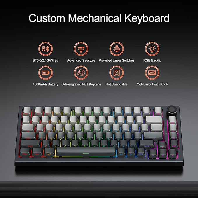 Gurjot Wireless Mechanical Keyboard 75% Hot Swappable Custom Keyboard with KnobPBT KeycapsBT5.0/2.4GHz/USB-CRGB Backlit Mechanical Gaming Keyboards for PC/Tablet/PS/Xbox