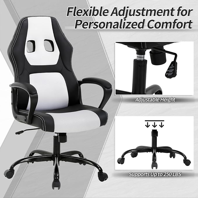 Office Chair Ergonomic Gaming Chair High Back Computer Desk Chair with Lumbar Support Adjustable PU Leather Gamer Chair Comfortable Racing Style for Adults Teens Kids (Classic Version White)