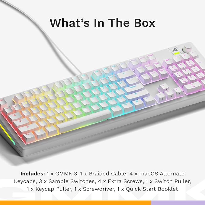 Glorious Gaming - GMMK 3 Custom Mechanical Gaming Keyboard with Knob 100% Keyboard Full Size Modular Gasket System Doubleshot PBT Keycaps Aluminum Switch Plate Hotswappable Switches ANSI (White)