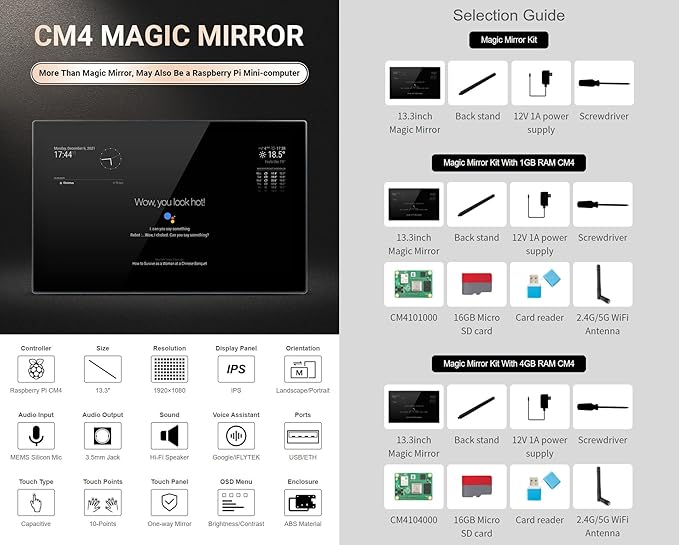 Waveshare 13.3inch Magic Mirror Mini-Computer Powered by Raspberry Pi CM4 13.3inch HD Touch Screen with USB/ETH Ports NOT Include CM4