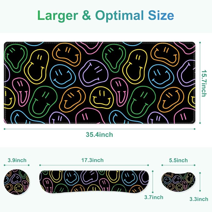 Large Gaming Mouse Pad Set 4 in 1 Extended Keyboard Desk Mat with Wrist Rest Computer Game Mousepad Non-Slip Desk Pad Protector Easy Typing Pain Relief for Home Office I Black Retro Hippie