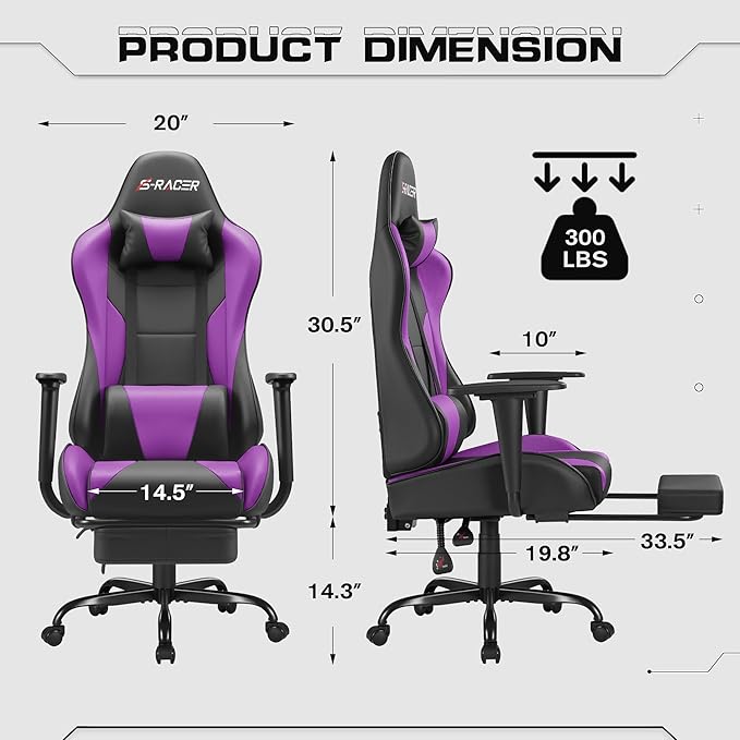 Homall Gaming Chairs Computer Chair with Footrest and Massage Lumbar Support Height Adjustable Game Chair with Headrest and Swivel Seat (Purple)