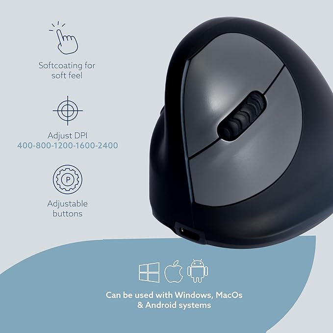 R-Go HE Ergonomic Mouse for Left Hand Bluetooth 5.0 Silent Click Vertical Design with Break Software Anti Carpal Tunnel Rechargeable Wireless Mouse for Windows/Mac Customisable Buttons Black
