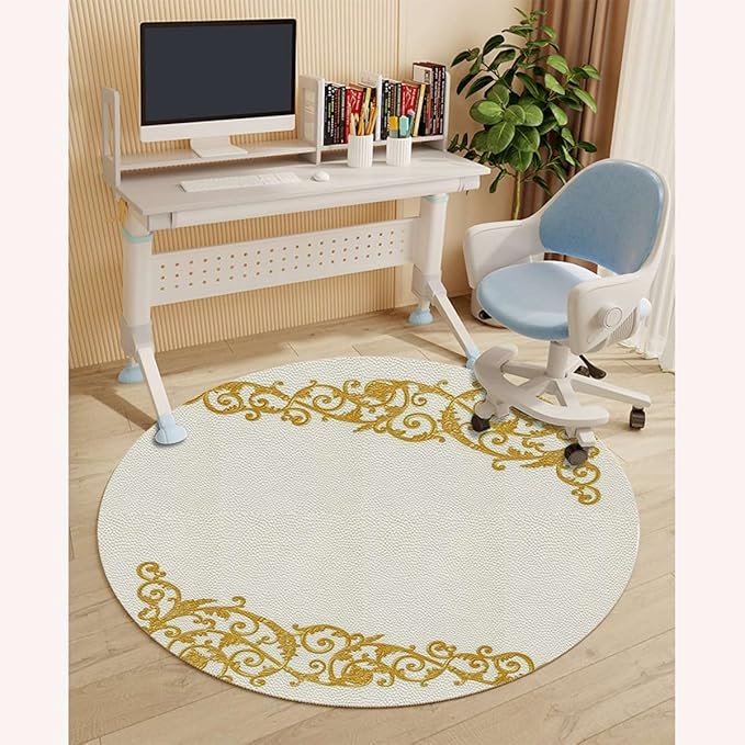 White Gold PU Leather Round Desk Chair Mat Curved Flower Lines Office Chair Mat for Hardwood Floors Premium Floor Protector Chair Mat Desk Rug for Home Office Baroque Side Frame Diameter 39.4 in