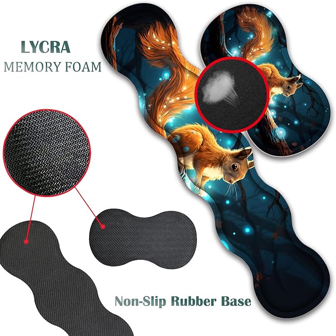 4 in 1 Mouse Pad Combo Large Gaming Mouse Pad + Keyboard Wrist Support + Mouse Wrist Rest + Coaster Table Pad 31.5 x 11.8 with Memory Foam Ergonomic Wrist Pad Set Glowing Squirrel