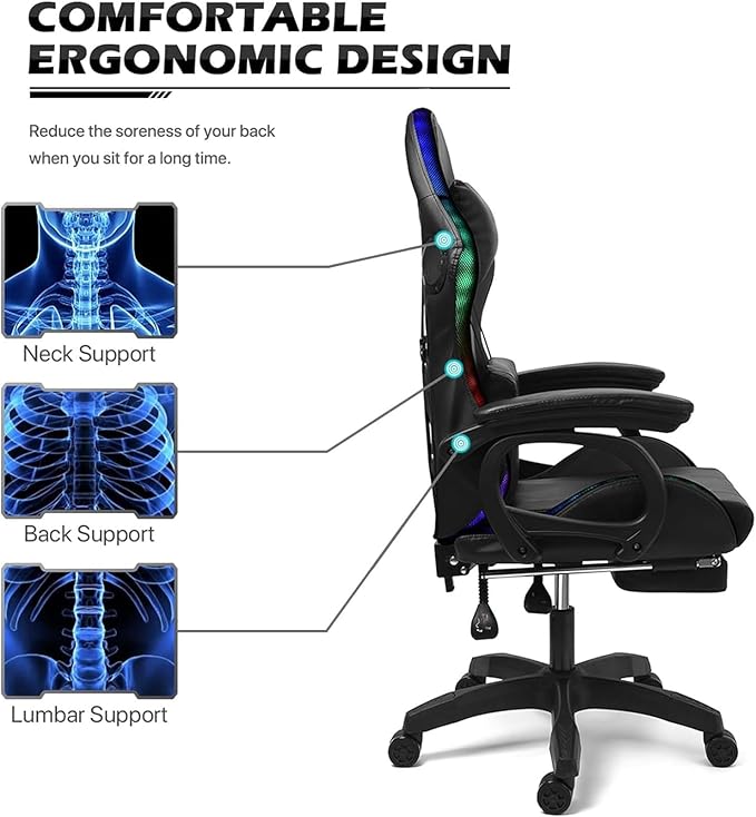 Video Gaming Chair with FootrestGame Chair with Bluetooth SpeakersComputer Chair with LED LightsErgonomic Massage Gaming Chair with Massage Function360°Swivel 90°-135° Adjustment Backrest (White)