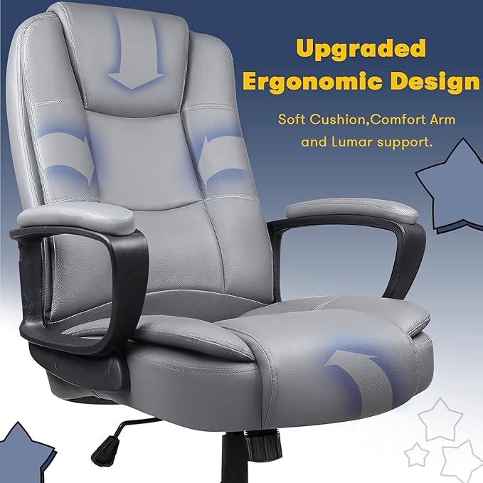 OFIKA Home Office Chair 400LBS Big and Tall Chair Heavy Duty Design Ergonomic High Back Cushion Lumbar Back Support Computer Desk Chair Adjustable Executive Leather Chair with Armrest (Grey)