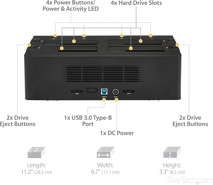StarTech.com 4-Bay USB 3.0 To SATA Hard Drive Docking Station USB Hard Drive Dock External 2.5/3.5 SATA III SSD/HDD Docking Station Hot-Swap Hard Drive Bay Top-Loading (SDOCK4U33)Black