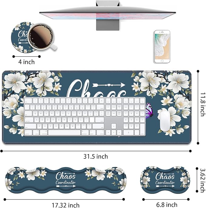 4 in 1 Ergonomic Keyboard Wrist Rest &amp Mouse Pad Wrist Rest Set Large XXL Gaming Desk Mat 31.5x 11.8 with Non-Slip Base Memory Foam for Home Office Study Gaming Floral Quote Chaos Coordinator