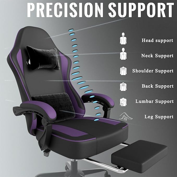 Gaming Chair with Pocket Spring Cushion and Footrest PU Leather Game Chair Adjustable Headrest Home Office Desk Chairs Comfortable Ergonomic Computer Chairs - Purple
