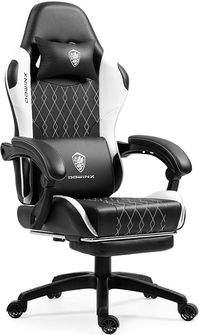 Dowinx Gaming Chair with Massage Lumbar Support and Footrest Gaming Chairs for Adults Ergonomic Computer Chair High Back with Pocket Spring Cushion Swivel Recliner with Headrest Black and White