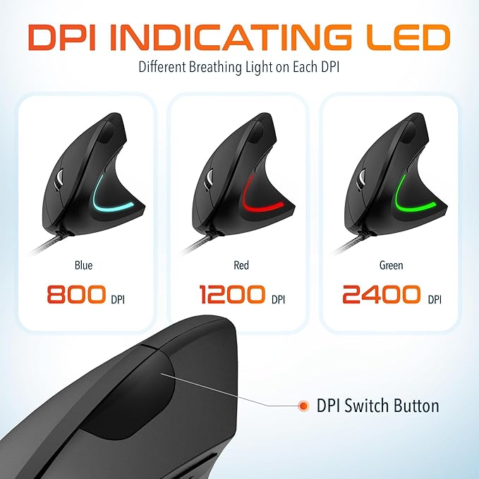 Delton S12 Ergonomic Vertical Wired Mouse 6 Buttons 3 Adjustable DPI Levels (800/1200/1600) &amp 3D Scroll Wheel Compatible for PC Laptop Mac Chromebook - Black
