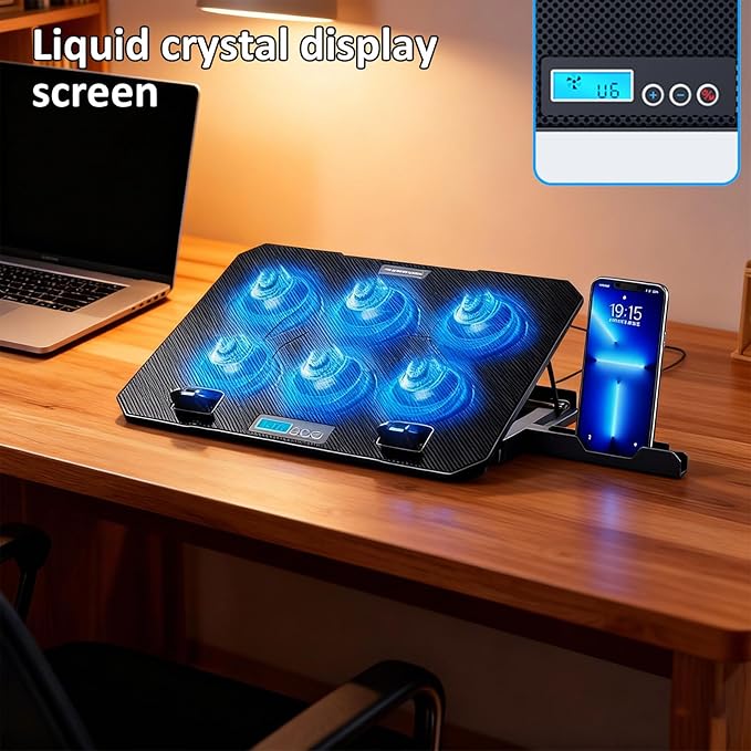 6 Quiet Fan Laptop Cooling Lighting Adjustable Foldable Cooling Pad LED Light Fan with 2 USB Port Phone Holder Travel Accessory
