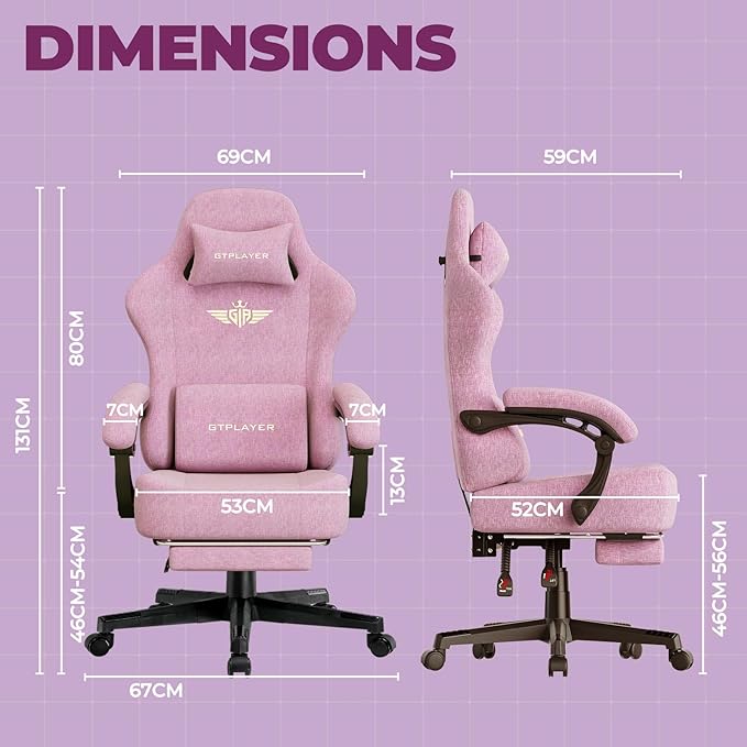GTPLAYER Big and Tall Gaming Chair with Pocket Spring Cushion High Back Ergonomic Computer Chair with Footrest for Adults Lumbar Support Swivel Game Chair for Office Gaming 350LBS Fabric Pink