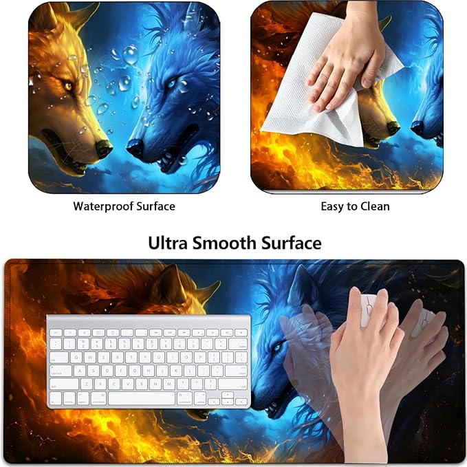 Large Mouse Pad with Mouse Wrist Rest 31.5x11.8 in Extended Mouse Mat with Non-Slip PU Base Ergonomic Memory Foam Wrist Rest for Work &amp Gaming Writing Pad Fire and Ice Wolf Office Desk Pad