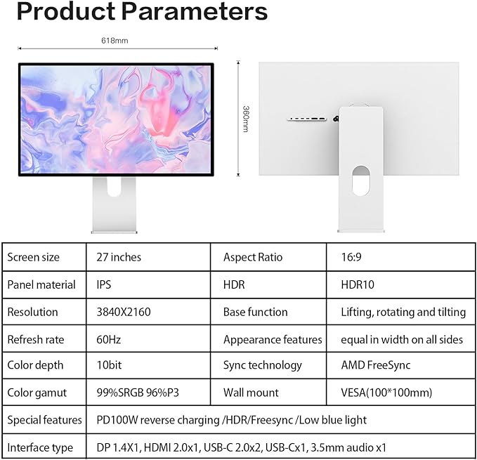 P27G 27 inch FHD (3840x2160) 4K Monitor IPS Black Panel 1.07 Billion Colors 99% sRGB HDR10 G-Sync FreeSync 1200:1 Contrast HDMI DP VESA 178° Viewing Angle (Minimalist - with Stand)