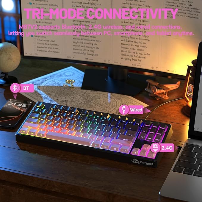 M87V2 Wireless Keyboard Low Profile Quiet Typing Membrane Gaming Keyboard with 80% TKL Layout Side Printed Keys RGB Backlit USB C Rechargeable87 Keys PBT Keycap for Windows PCMacLinux-Blackberry