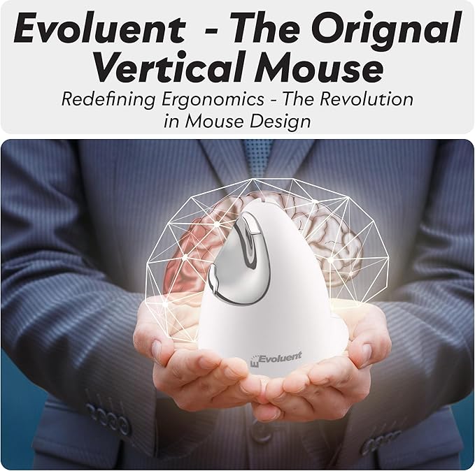 Evoluent – Inventor of The Vertical Mouse – VM4RB Ergonomic Vertical Mouse White Bluetooth for Mac Right Hand Med to Large Sculpted for Comfort Reduces Wrist Strain 4 Speeds Plug-N-Play
