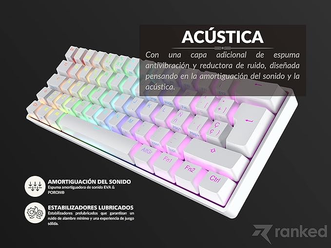 Ranked S60 Supernova 60% | Hot Swappable Mechanical Gaming Keyboard | 62 Keys Multi Color RGB LED Backlit for PC/Mac Gamer | ISO ES Spanish Layout (White Gateron Optical Blue)