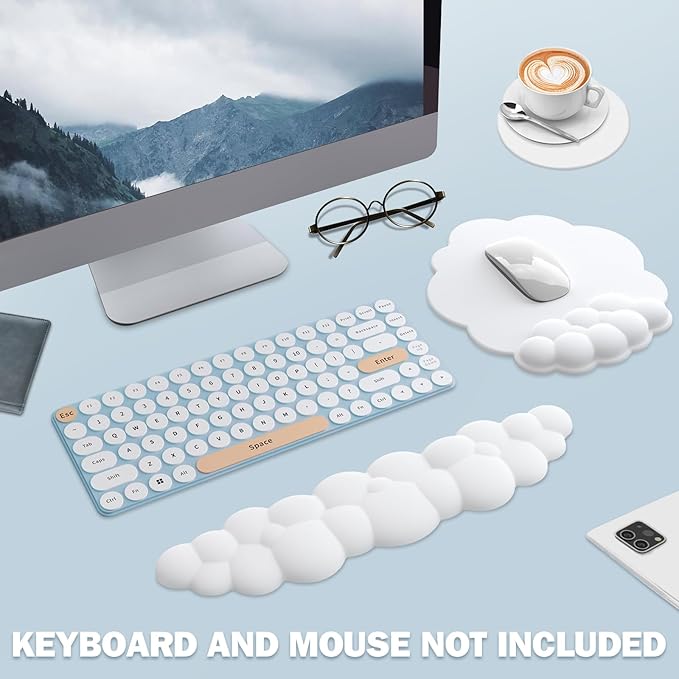 Cloud Keyboard Wrist Rest and Mouse Pad with Wrist Support Set Ergonomic PU Leather Mouse Pads Pain Relief Memory Foam Non-Slip Mousepad for ComputerLaptopWhite