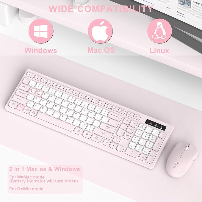 Wireless Keyboard and Mouse Combo Full-Sized Quiet Wireless Keyboard and Adjustable DPI Mouse 2.4GHz USB Receiver Keyboard and Mouse for PC Windows Desktop Laptop (Pink and White-B)