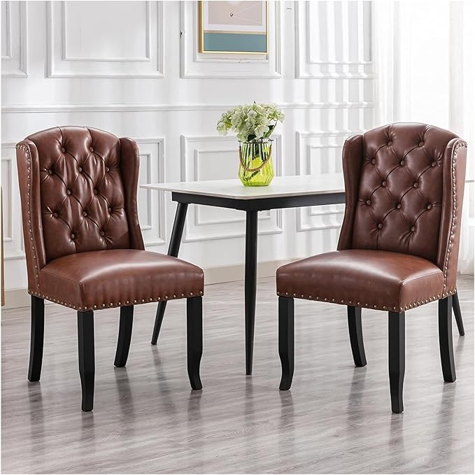 Adjustable Office Computer Chair with Armrest 1pcs Modern Style Brown Leather Upholstered Solid Wood Decorative Dining Room Chairs