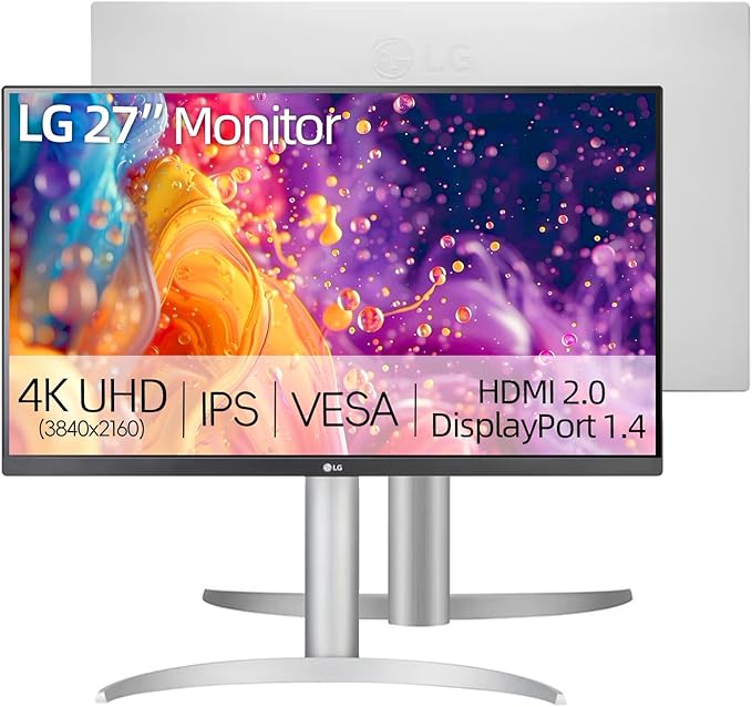 LG 27“ 4K UHD Monitor IPS Display VESA DisplayHDR 400 95% DCI-P3 Dynamic Action Sync Black Stabilizere Height/Tilt/Pivot Stand for Gaming and Offic White/Silver