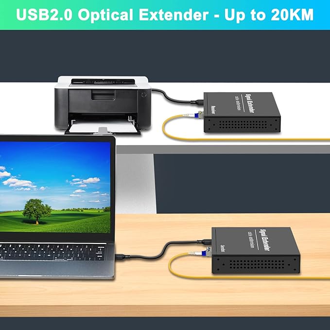 USB2.0 Extender Over Fiber EMI-Resistant Optic up to 20KM (12.4 mi) 4 Ports USB Over Fiber Balun Transmitter and Receiver Support All Operating Systems Plug and Play