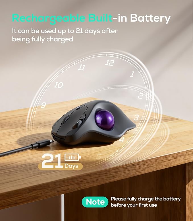 Nulea M511 Wireless Trackball Mouse Rechargeable Ergonomic Thumb-Control Mouse with Tilt Stand Smooth &amp Precision Tracking 3 Device Connection (Bluetooth or USB Receiver) for PC/Mac/Laptop-Pur