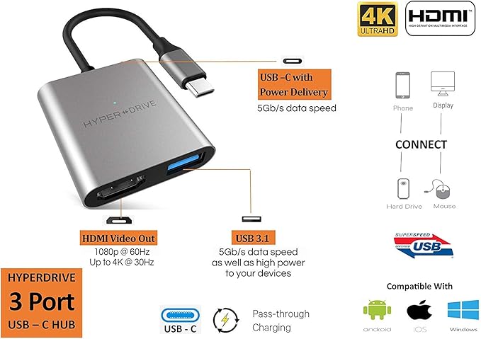 HyperDrive USB Type C HDMI Adapter 3-in-1 USB C to HDMI Converter Aluminum Digital Multiport Type-C Hub w 4K and Power Delivery USB 3.1 for MacBook Ultrabook Chromebook PC USBC Devices