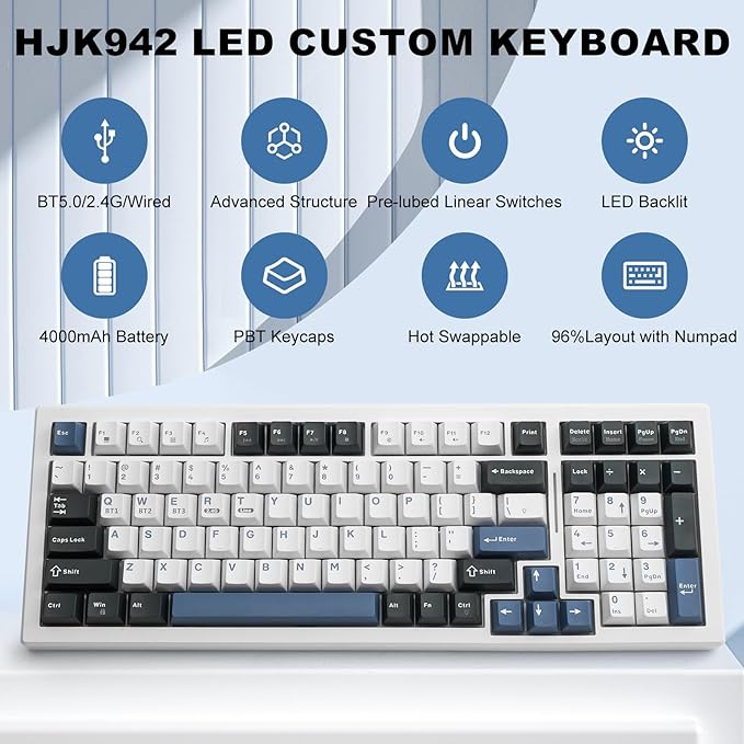 Wireless Mechanical Keyboard BT5.0/2.4GHz/USB Multi-Color LED with 18+ Modes Hot-Swappable Custom Keyboard Red Creamy Switches Gaming Keyboard for PC/Mac (Blue White)