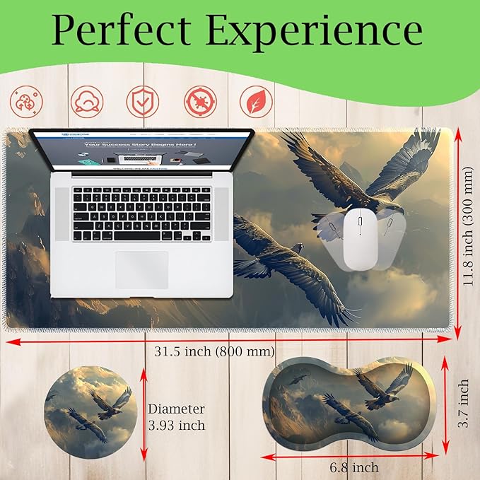 3-in-1 Large Mouse Pad Gaming Set (31.5 x 11.8 inch)+ Wrist Rest Pad + Coaster Memory Foam Gel Wrist Rest Pad for Pain Relief Stitched Edges Non-Slip Table Mat Flying Eagle