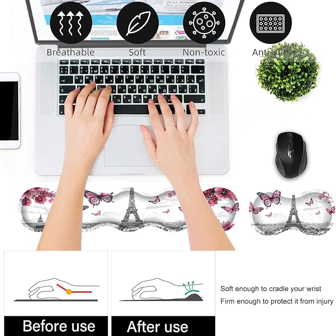 Bxgolkgd Desk Mat SetMouse Pad with Keyboard Wrist Rest &amp Mouse Wrist RestWave-Shaped DesignNon-Slip Rubber BaseErgonomic Desk Mat for HomeOfficeGamingButterfly Eiffel Tower