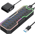 ZIUMIER Powered USB Hub 10 Ports USB 3.0 Hub with RGB LED Strip and 12V/2A Power Adapter USB ExtensionIndividual LED On/Off Switches for Mac PC Desktop Flash Drive Mobile HDD