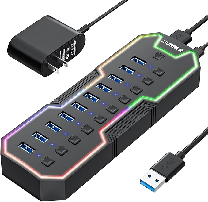 ZIUMIER Powered USB Hub 10 Ports USB 3.0 Hub with RGB LED Strip and 12V/2A Power Adapter USB ExtensionIndividual LED On/Off Switches for Mac PC Desktop Flash Drive Mobile HDD