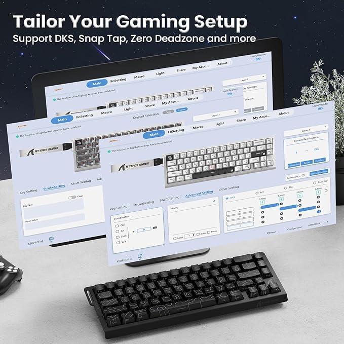 ATTACK SHARK X68PRO HE Rapid Trigger Wireless Keyboard 0.01mm RT Accuracy 8000Hz Wired Gaming Keyboard Adjustable Actuation Snap Tap RGB Backlit Magnetic Switch C01 Coiled Cable -Black