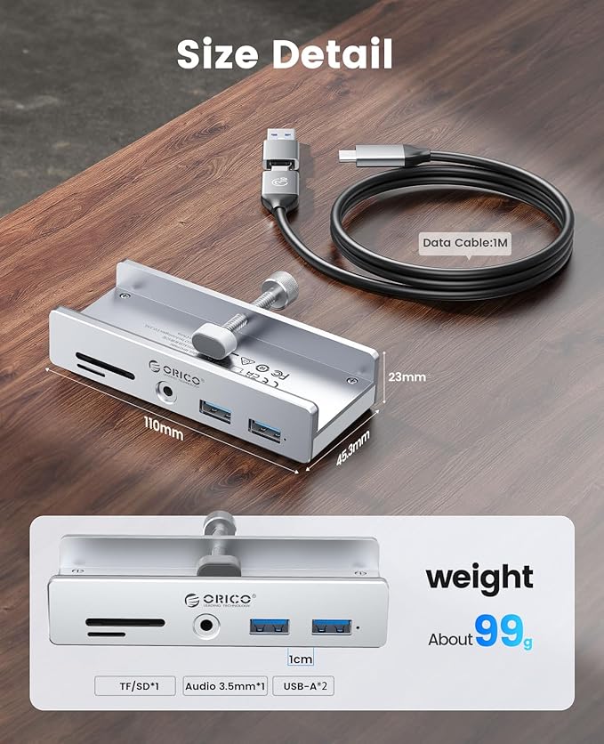 ORICO USB Hub 3.0 Clamp USB Hub with Extra Power Port Aluminum USB C Adapter with 2 USB-A Data Ports3.5mm AUX SD/TF Card Reader for Desktop(Silver)
