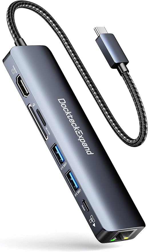 USB C Hub Ethernet DockteckExpand 7-in-1 Multiport Adapter Type C to 4K@60Hz HDMI Gigabit Ethernet 100W PD Charging 2 USB 3.0 SD/TF Card Readers for MacBook Pro/Air iPad Pro/Air XPS and More