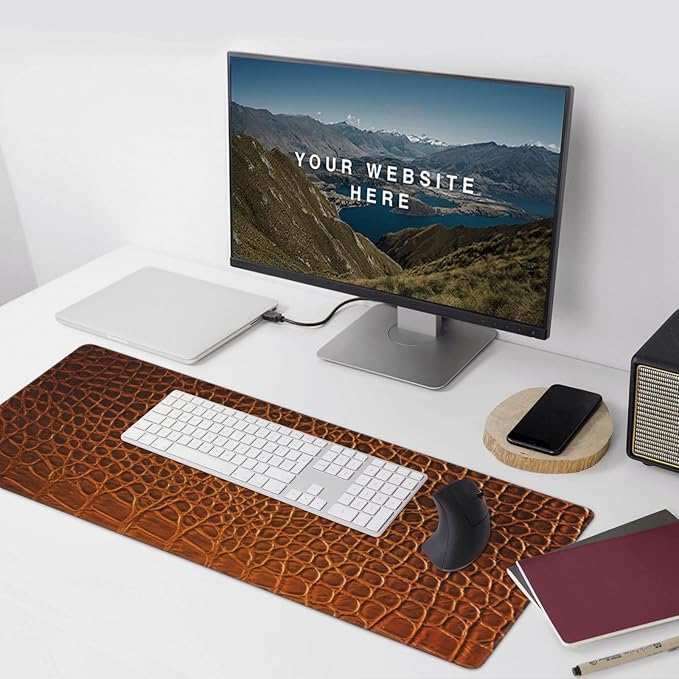 Elegant Brown Crocodile Leather Texture Green Large Mouse Pad Gaming Mat Desk Matt for Desktop Desk Pad Mat Anti-Slip XXL Big Mousepad with Stitched Edges for Computer