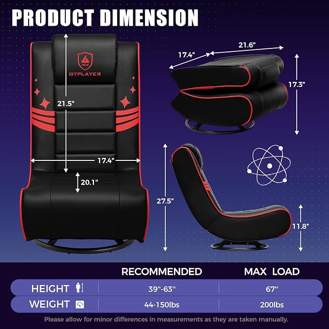 GTPLAYER Floor Gaming Chair Foldable Swivel Floor Chairs for Kids Boys Comfy Video Game Seat with 360° Multipurpose for Gamers Bedroom or Game Room (Black-Red)