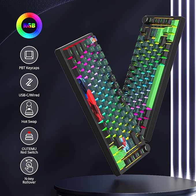 75 Percent Keyboard Gasket-Mounted with Sound Absorbing Pads 82-Key Compact Wired RGB Mechanical Gaming Keyboard Hot-Swap Socket for Win Sound Wave