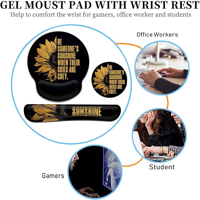 Keyboard Wrist Rest and Mouse Pad Wrist Support Set with Coffee Coaster Non-Slip PU Base for Gaming and Office Comfortable &amp Lightweight for Easy Typing &amp Pain ReliefSunflower