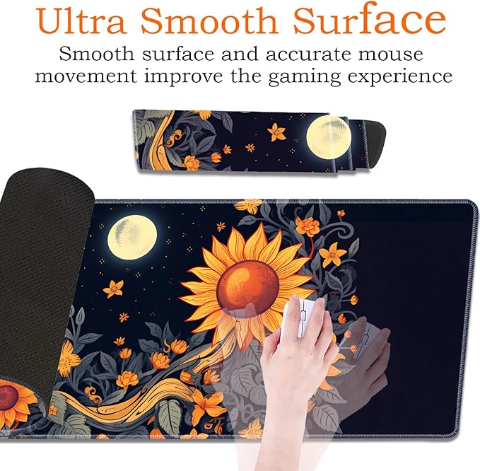 Large Gaming Mouse Pad Keyboard Wrist Rest Pad + Mouse Wrist Pad + Coaster 4 in 1 Set Extended Waterproof Non-Slip Desk Mat Suitable for Office Home Learning Games Sunflower Moon